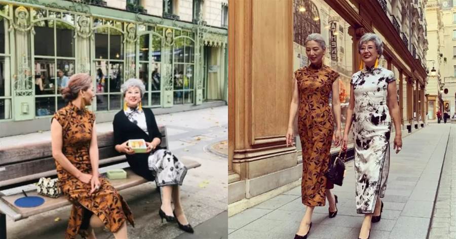「優雅的老去」2神仙奶奶穿旗袍遊巴黎「年齡相加逾120歲」引來帥哥上門合影，引來萬眾網有留言評論「知書達理，優雅端莊」